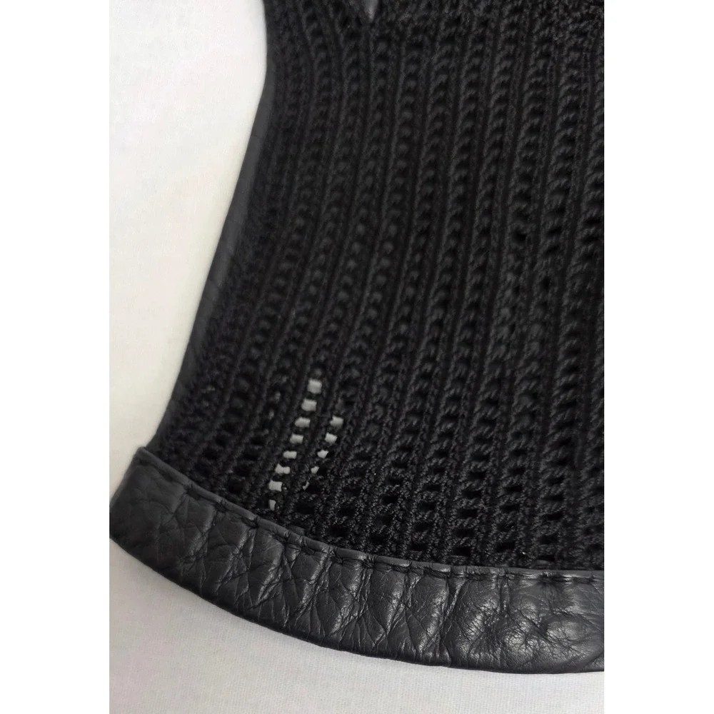 Vintage Style Black Crochet and Leather Driving Gloves Keyhole Back Mens Womens